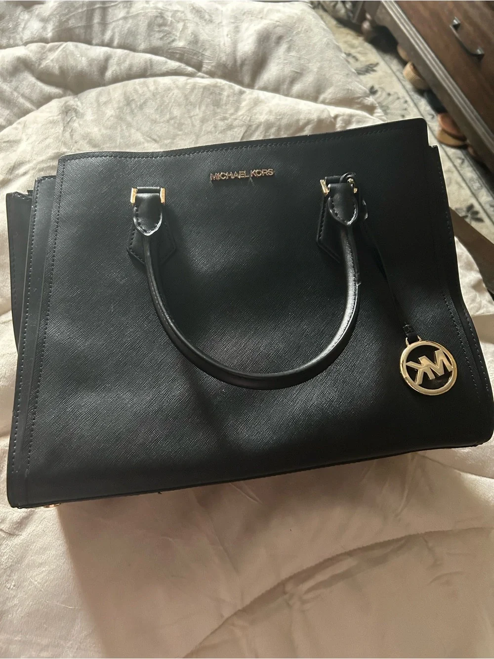 Michael Kors Black Leather Satchel with Gold Hardware